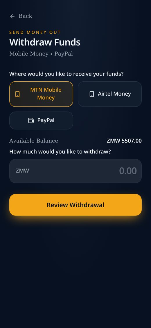 Withdraw funds screen
