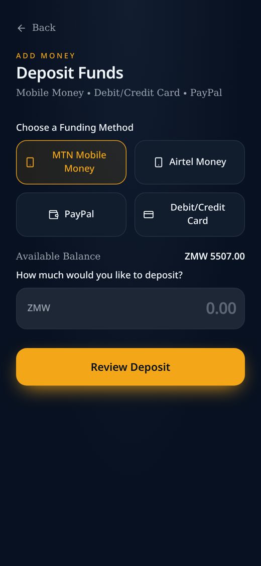 Deposit funds screen